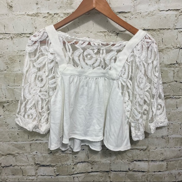 We The Free Free People Ivory Lace Boho Cropped Knit Top - Picture 5 of 6